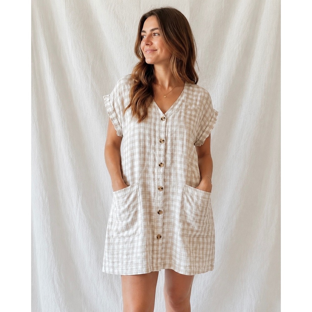 Lou & Grey 100% Linen Gingham Tan White Button Front Dress Womens LP‎ Minimalist